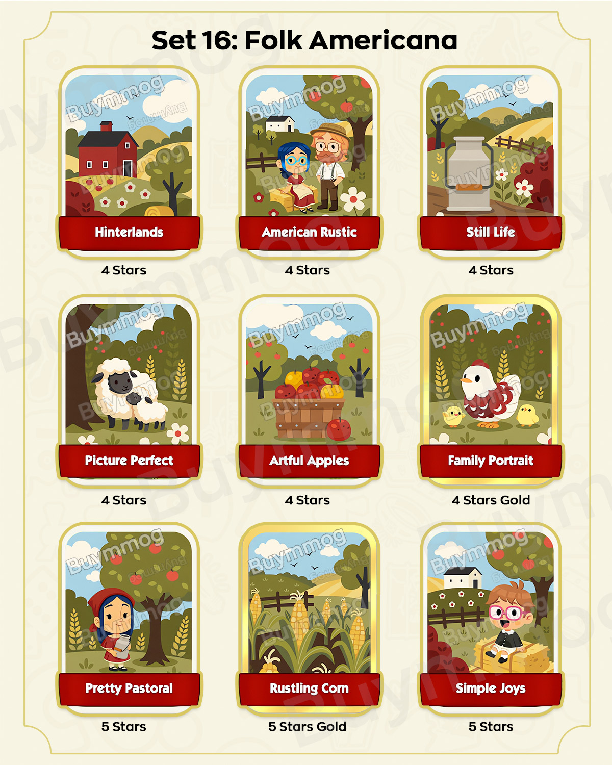 Monopoly GO Happy Harvest Set 16 Folk Americana stickers